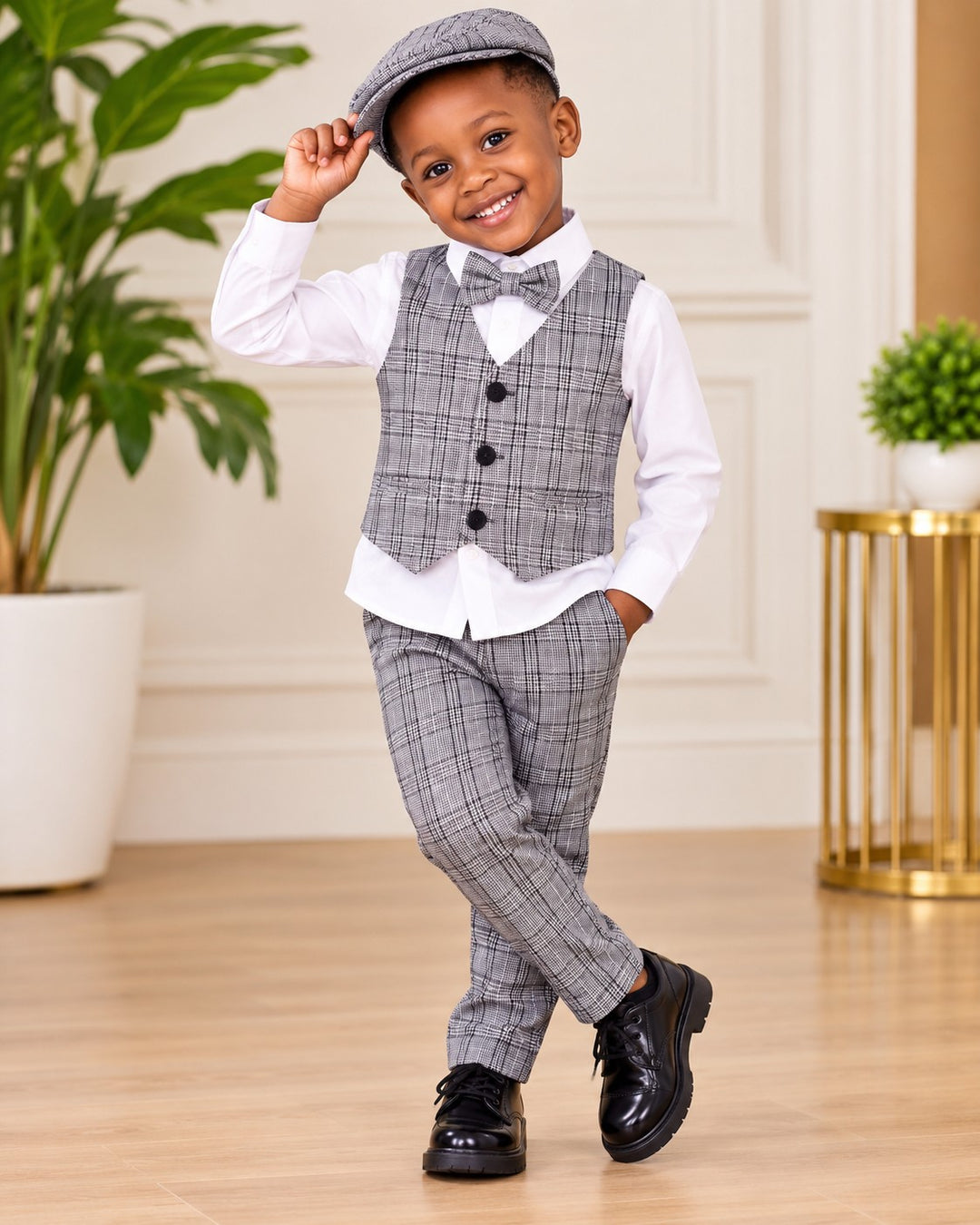 Boys Grey Plaid Suit Set